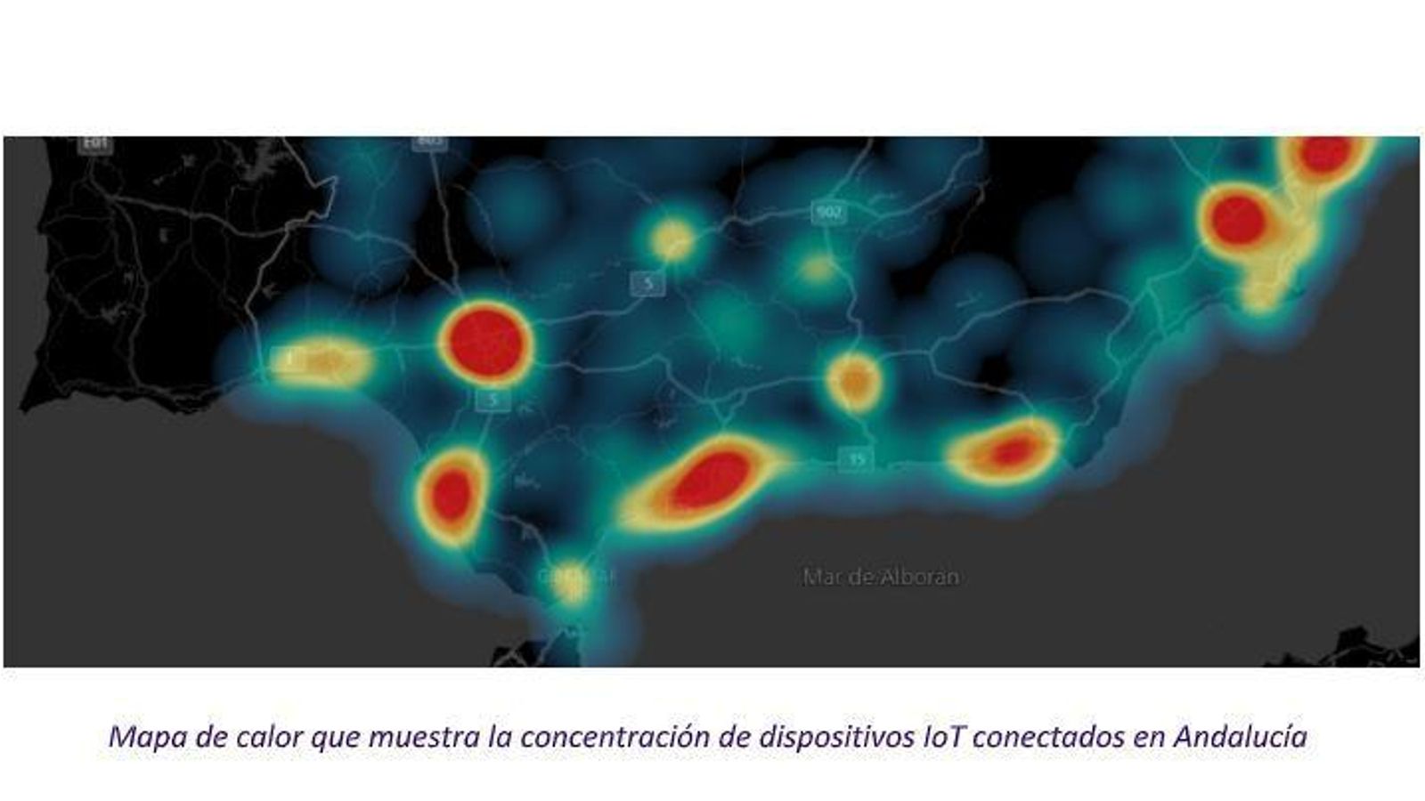 Mapa de calor de los dispositivos conectados en Andalucía.