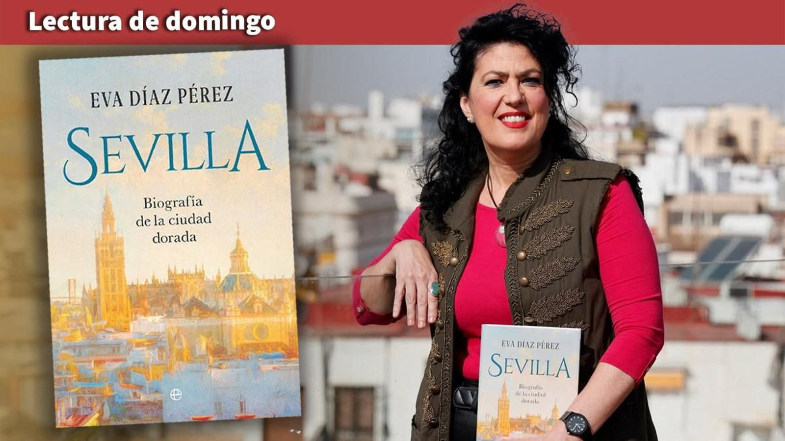 Eva Díaz Pérez y la portada de su libro.