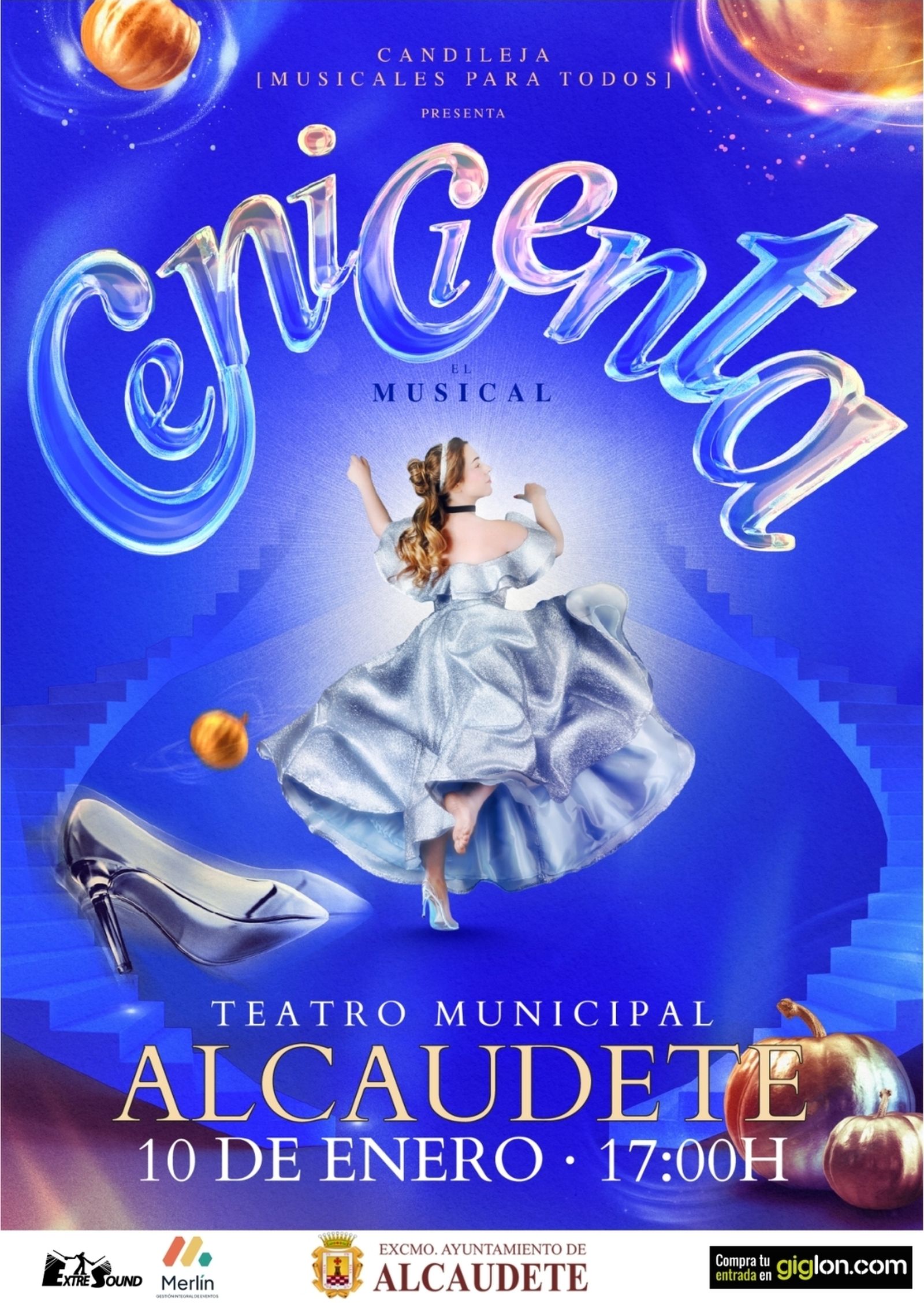 Cartel oficial de 'Cenicienta', una propuesta inclusiva que llega al Teatro Municipal de Alcaudete el 10 de enero a las 17:00 horas para disfrutar en familia.