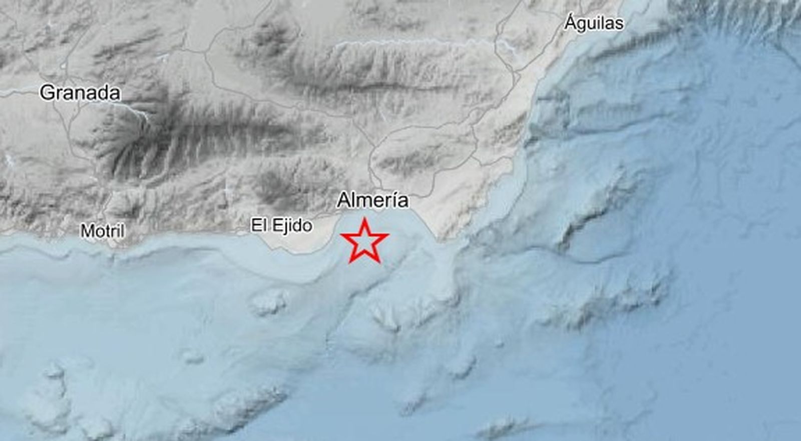 Epicentro del terremoto de magnitud 2,4 registrado el 19 de febrero frente a la costa de Almería, en la región de Alborán Norte, según datos del IGN.