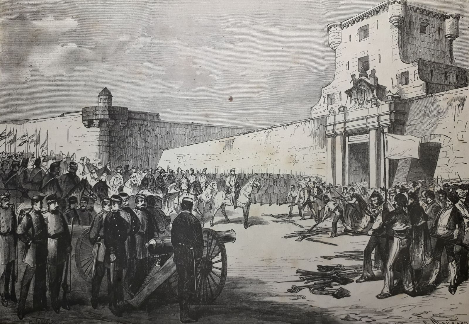 Grabado 'L´Universe ilustre' que refleja la rendición de armas de los insurrectos a Caballero de Rodas en las Puertas de Tierra.