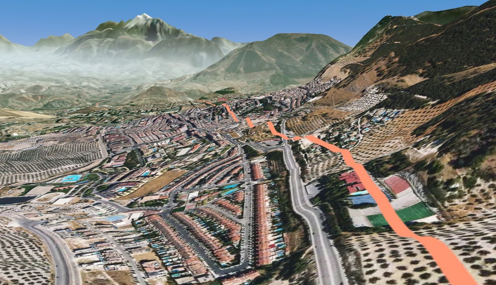 Línea que dibuja por donde pasaba una calzada romana en Jaén capital.