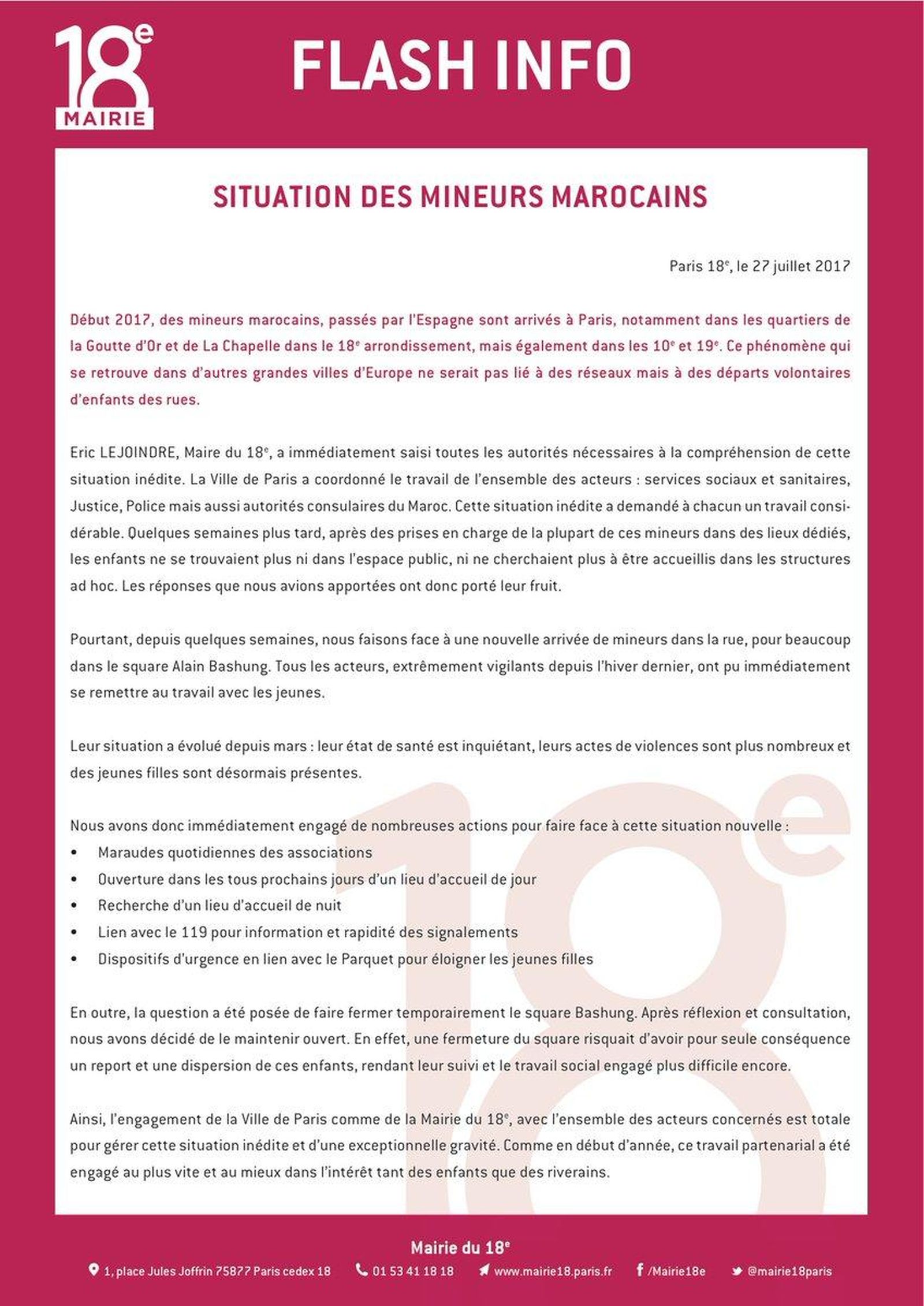 El Ayuntamiento de París informando a los vecinos de los riesgos que entrañan los menores marroquíes que se han asentado en un barrio.