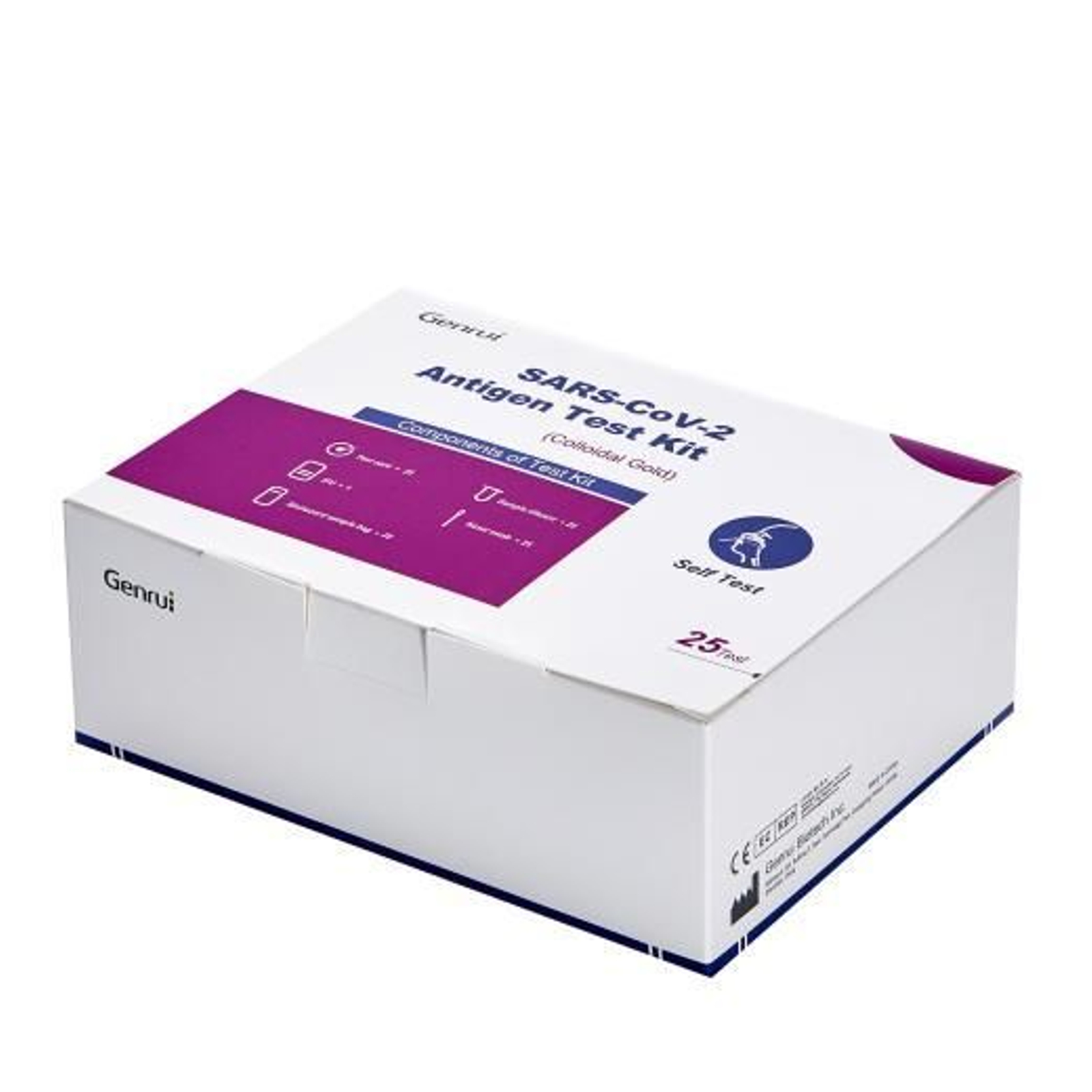 Caja con 25 unidades del test de antígenos para autodiagnóstico de la farmacéutica china Genrui Biotech. Caja con 25 unidades del test de antígenos para autodiagnóstico de la farmacéutica china Genrui Biotech.