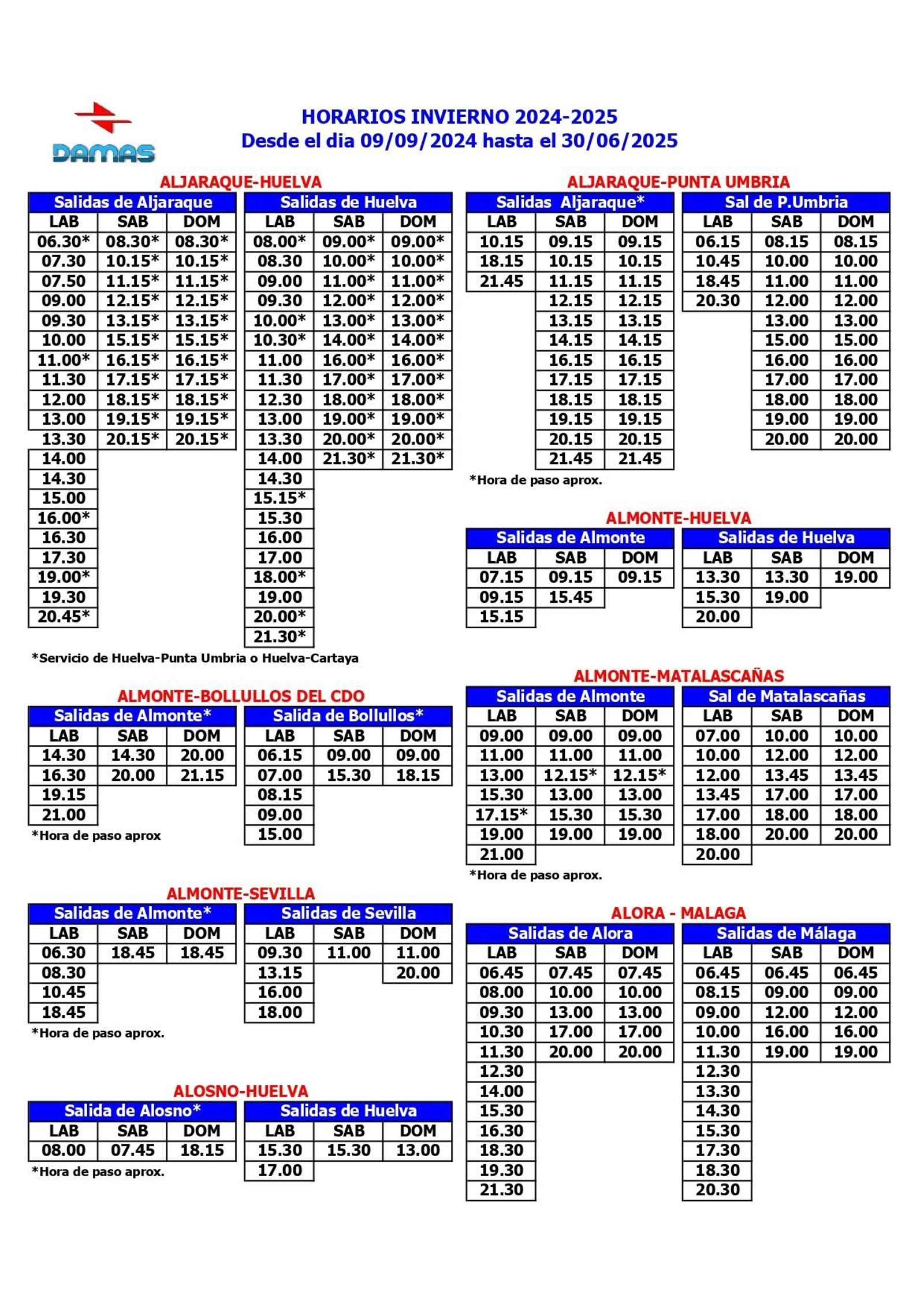 Nuevos horarios aplicables desde el 9 de septiembre. Nuevos horarios aplicables desde el 9 de septiembre.