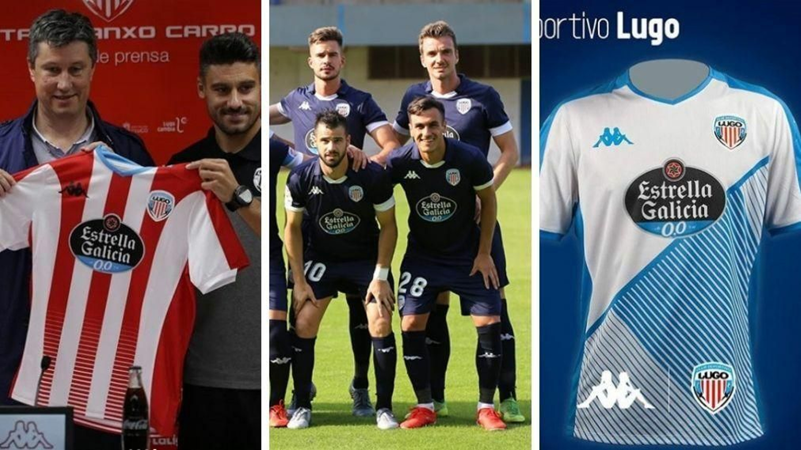 El Lugo cambia Hummel por Kappa de cara a la temporada 2019/2020. La marca italiana plantea para el conjunto gallego una indumentaria algo más clásica que las lucidas en las últimas campañas, con una camiseta de rayas rojiblancas, pantalón celeste y medias rojas. La segunda equipación es azul marino con detalles en blanco. La gran novedad llega con la tercera, que rinde homenaje a Galicia. Así, la camiseta será blanca y celeste, con una franja horizontal que evoca a la bandera gallega.
