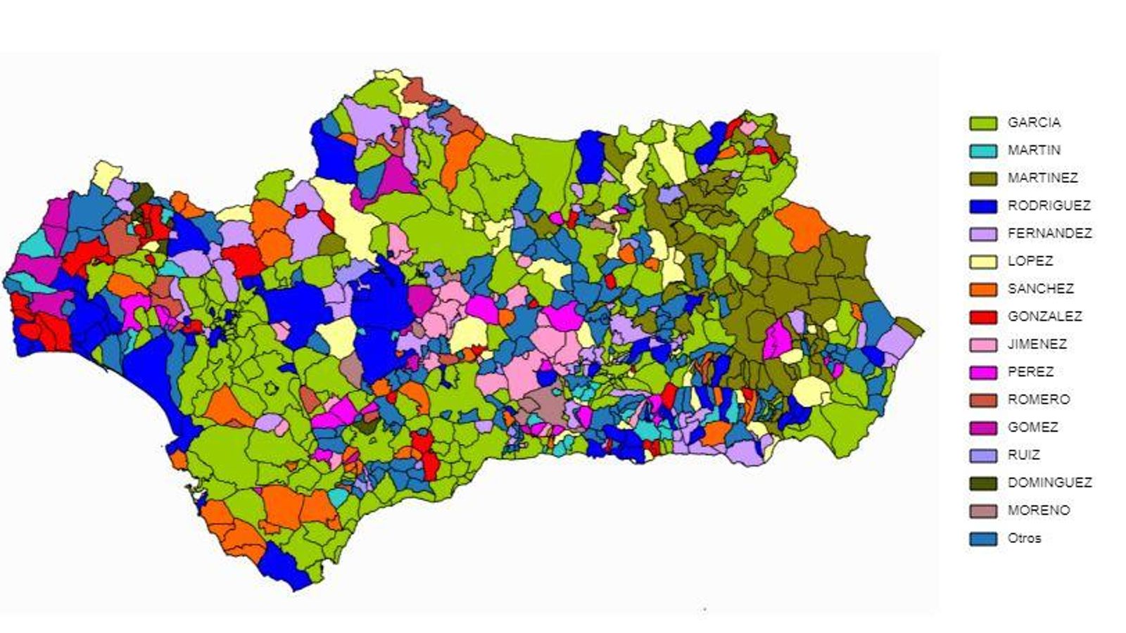 Mapa de los apellidos más frecuentes en Andalucía.