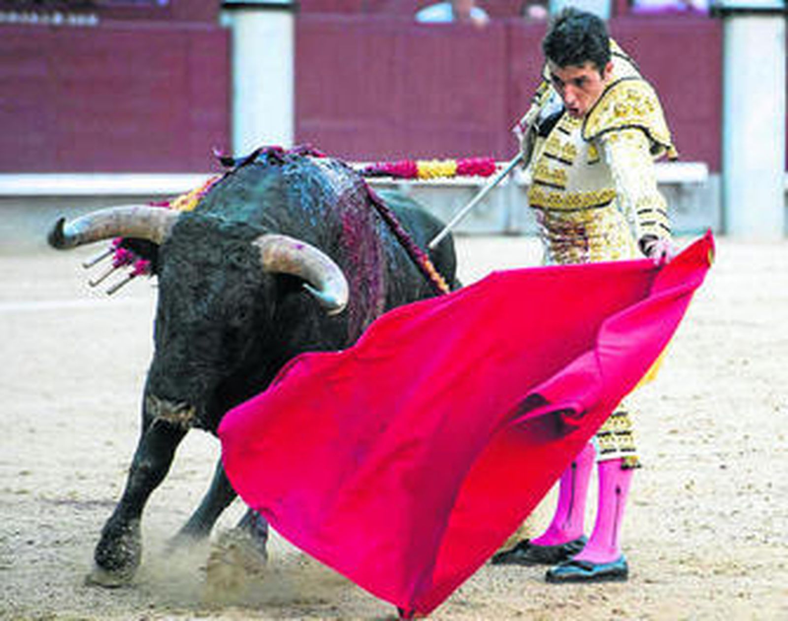 Javier Castaño, en un natural al encastado segundo toro de Miura, 'Zahonero', para el que se pidió la vuelta al ruedo.