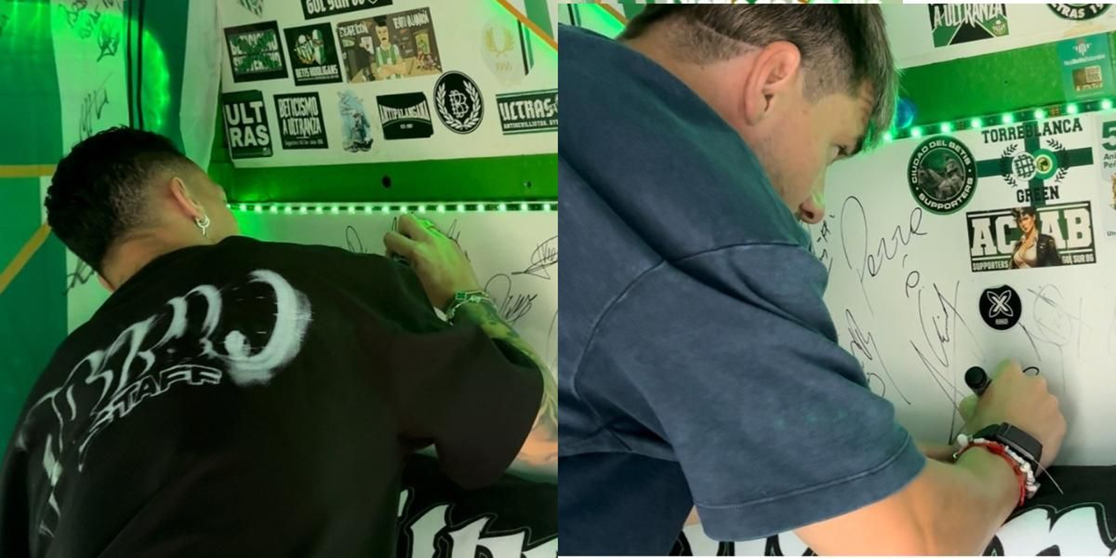 Los futbolistas del Betis firmando la furgoneta de Jesús