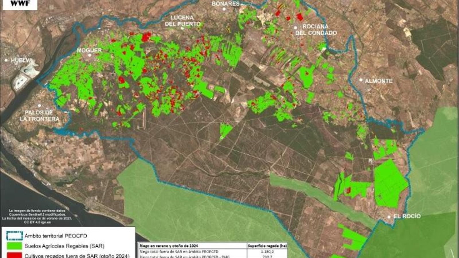Mapa del entorno de Doñana elaborado por WWF en el que figura la superficie regable y la no autorizada. Mapa del entorno de Doñana elaborado por WWF en el que figura la superficie regable y la no autorizada.