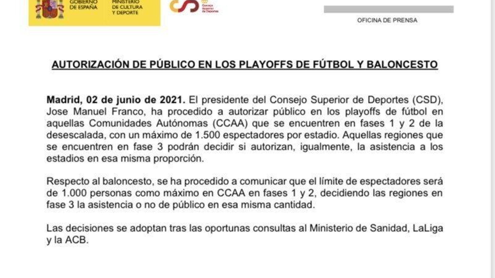 Comunicado del CSD con la vuelta progresiva de público a los Estadios