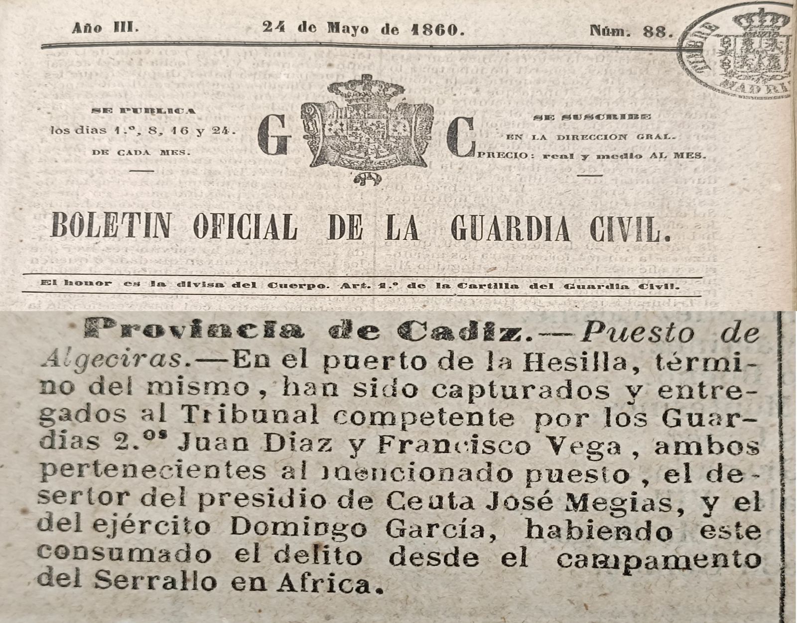 Boletín Oficial de la Guardia Civil de 24 de mayo de 1860 y servicio del Puesto de Algeciras. Boletín Oficial de la Guardia Civil de 24 de mayo de 1860 y servicio del Puesto de Algeciras.