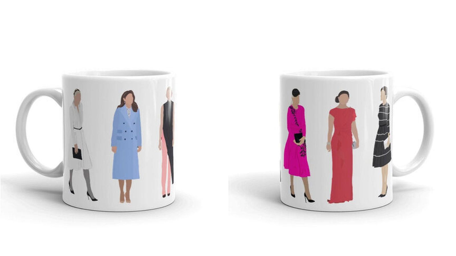 Tazas con las siluetas de i. a dcha. de Mette-Marit de Noruega, la duquesa de Cambridge, Charlene de Mónaco, Máxima de Holanda, Victoria de Suecia y la Reina Letizia.