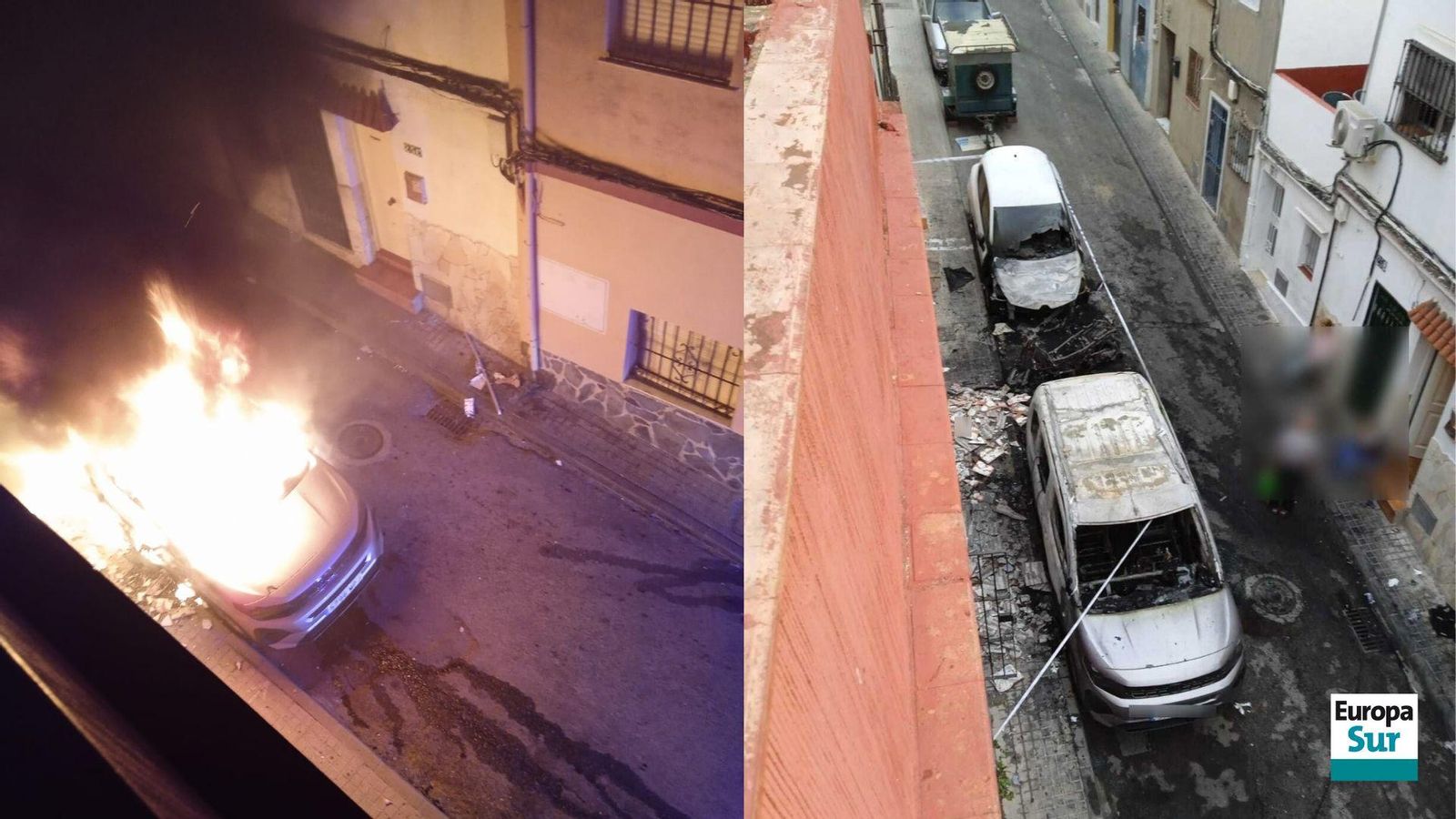 Vehículos calcinados en la calle Teruel de La Bajadilla.