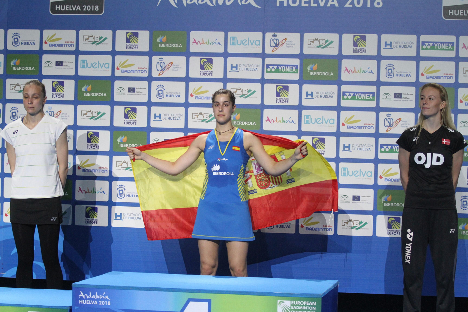 Partido y victoria de Carolina Marín en el Europeo de Bádminton celebrado en Huelva