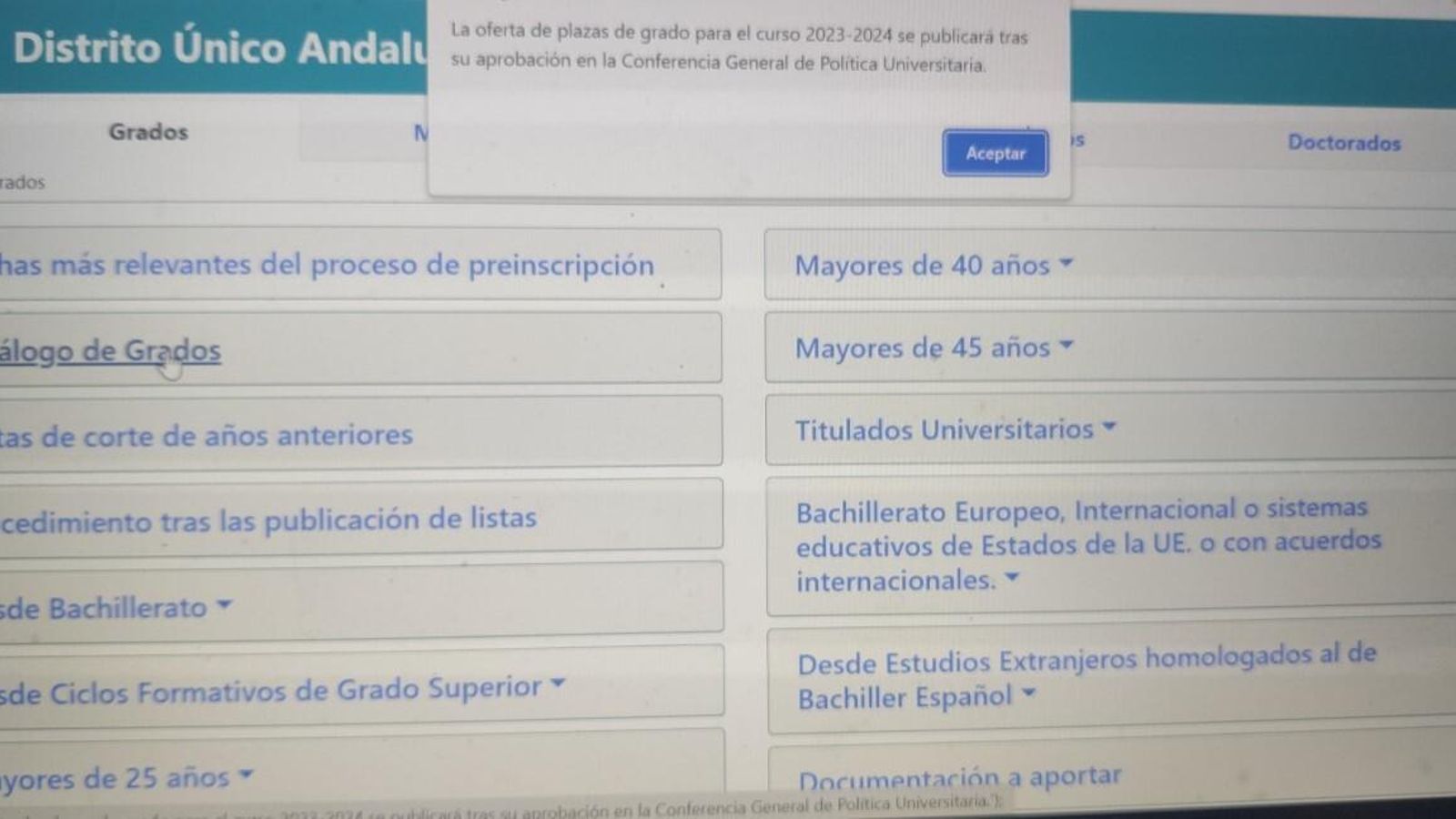 La web del DUA no permite ya acceder al  mapa de titulaciones para el curso 2023/24.