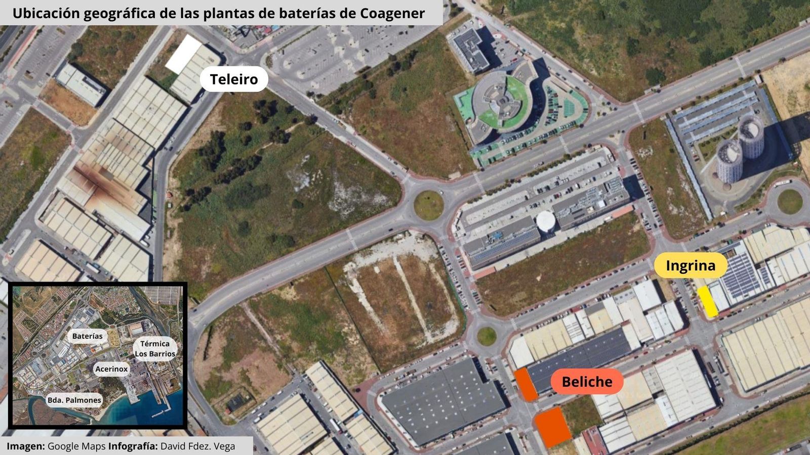 Distribución geográfica de las plantas de baterías de Coagener en Los Barrios (Cádiz) Distribución geográfica de las plantas de baterías de Coagener en Los Barrios (Cádiz)