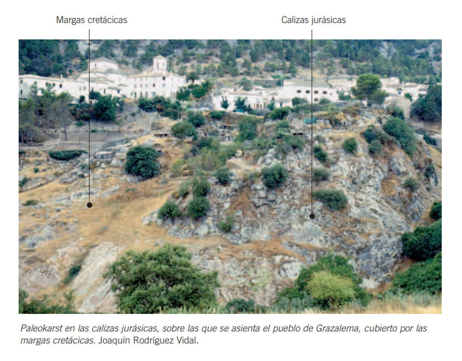 Paleokarst en las calizas jurásicas, sobre las que se asienta el pueblo de Grazalema, cubierto por las margas cretácica