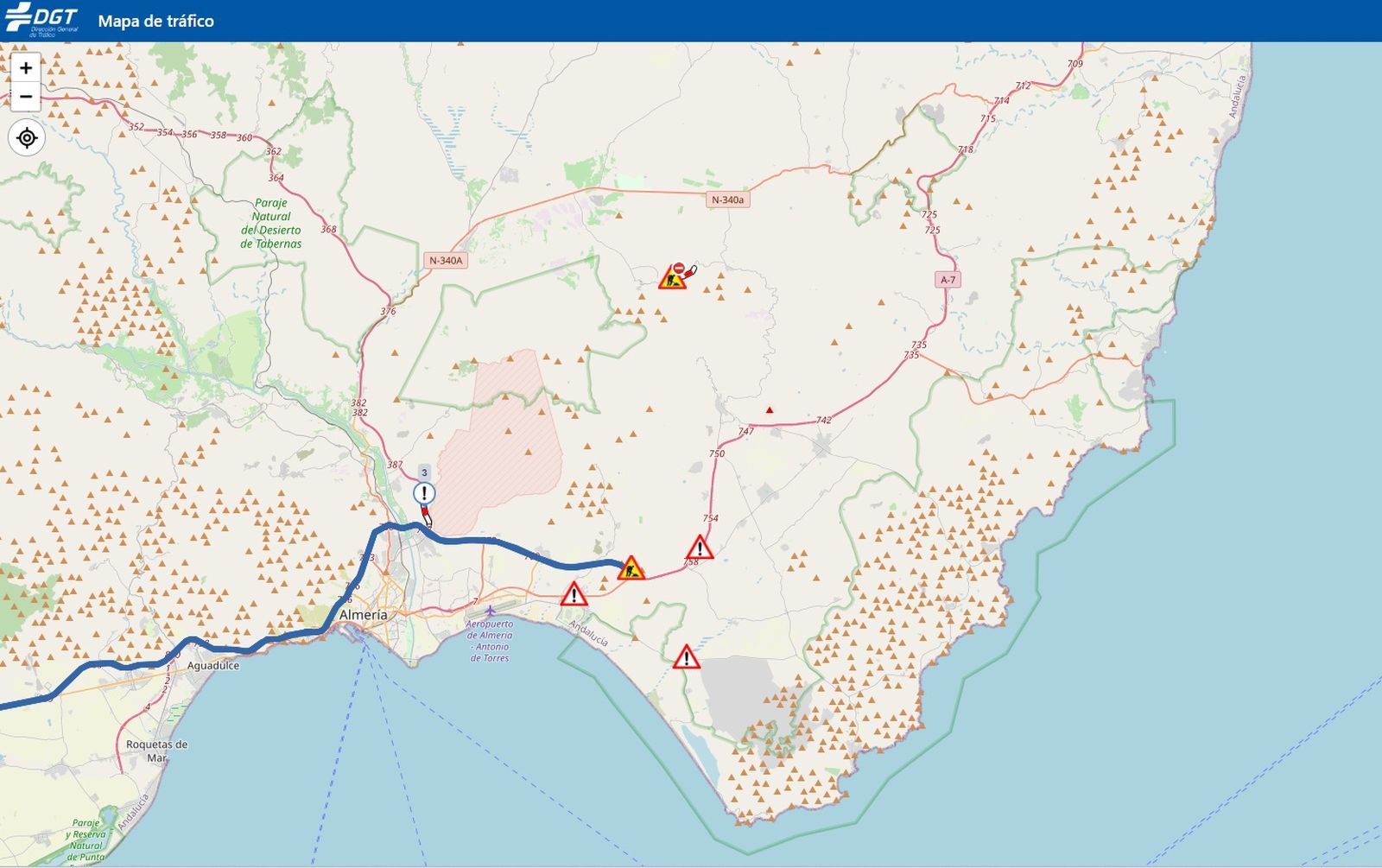 El mapa de la DGT muestra que la autovía A-7 ya está abierta de nuevo al tráfico con normalidad.