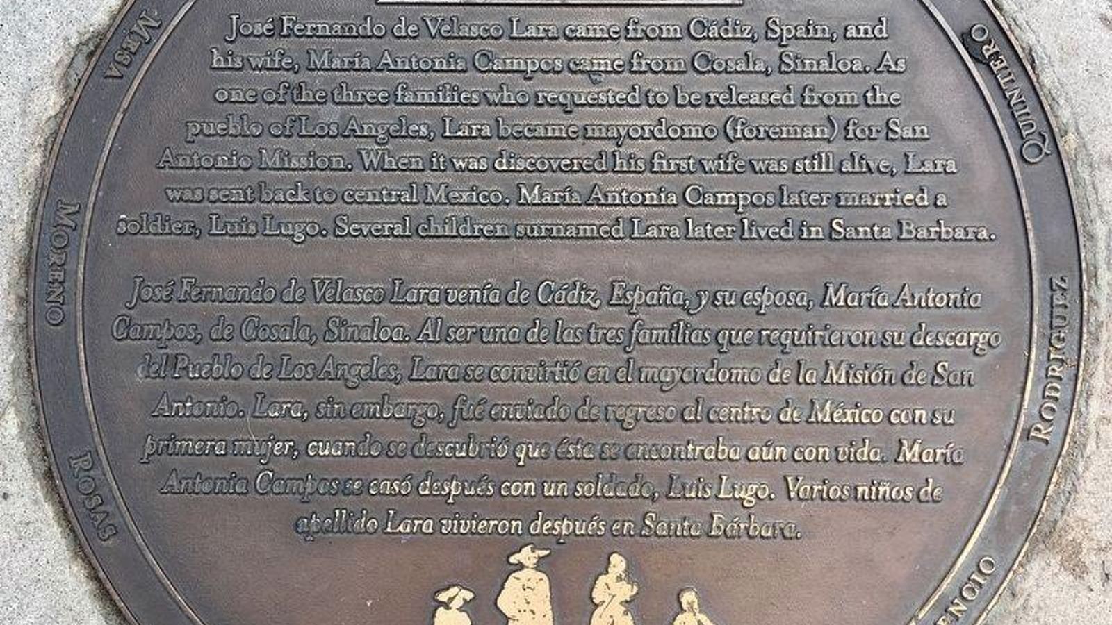 Detalle de la placa con la historia de José Fernando de Velasco Lara y su familia Detalle de la placa con la historia de José Fernando de Velasco Lara y su familia
