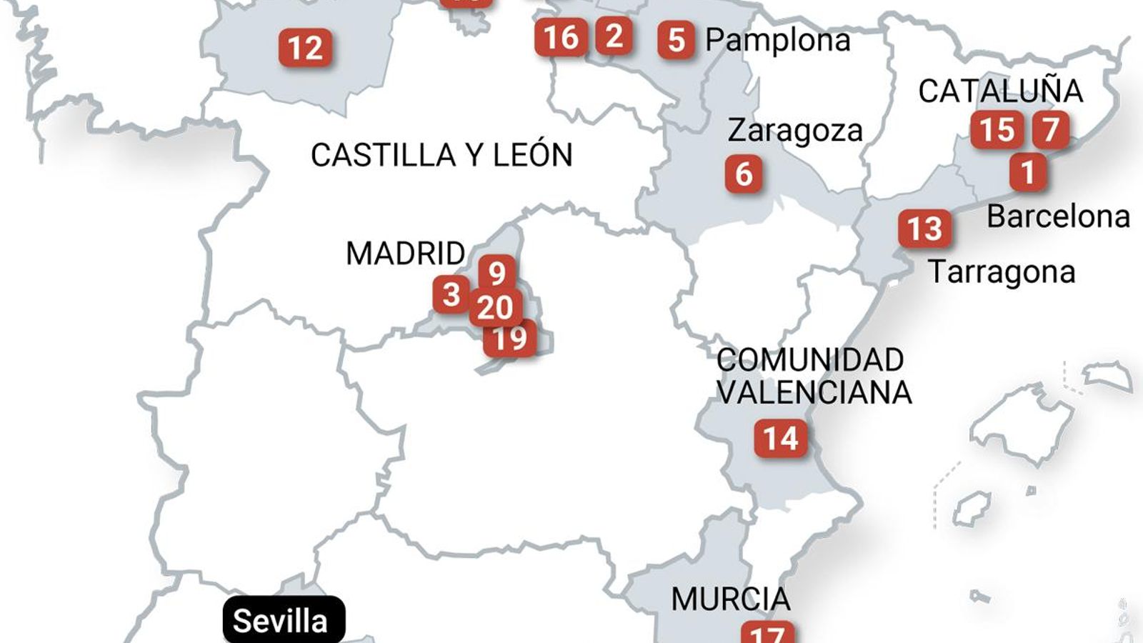 Mapa de localidades con recogida neumática en funcionamiento.