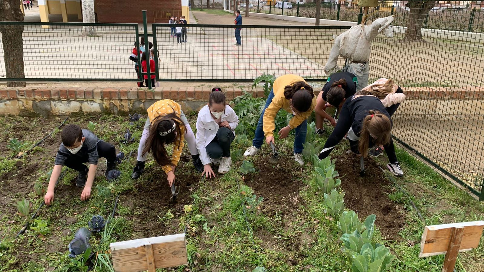 Los niños del municipio plantando huertos escolares.