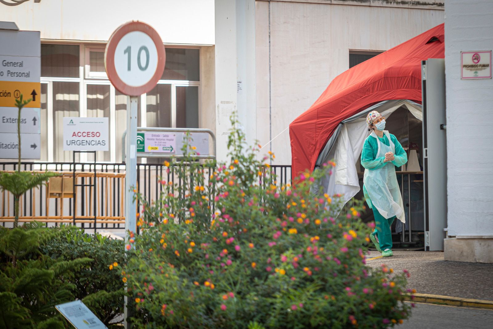 Zona de entrada a las Urgencias del Puerta del Mar habilitada durante el estado de alarma.