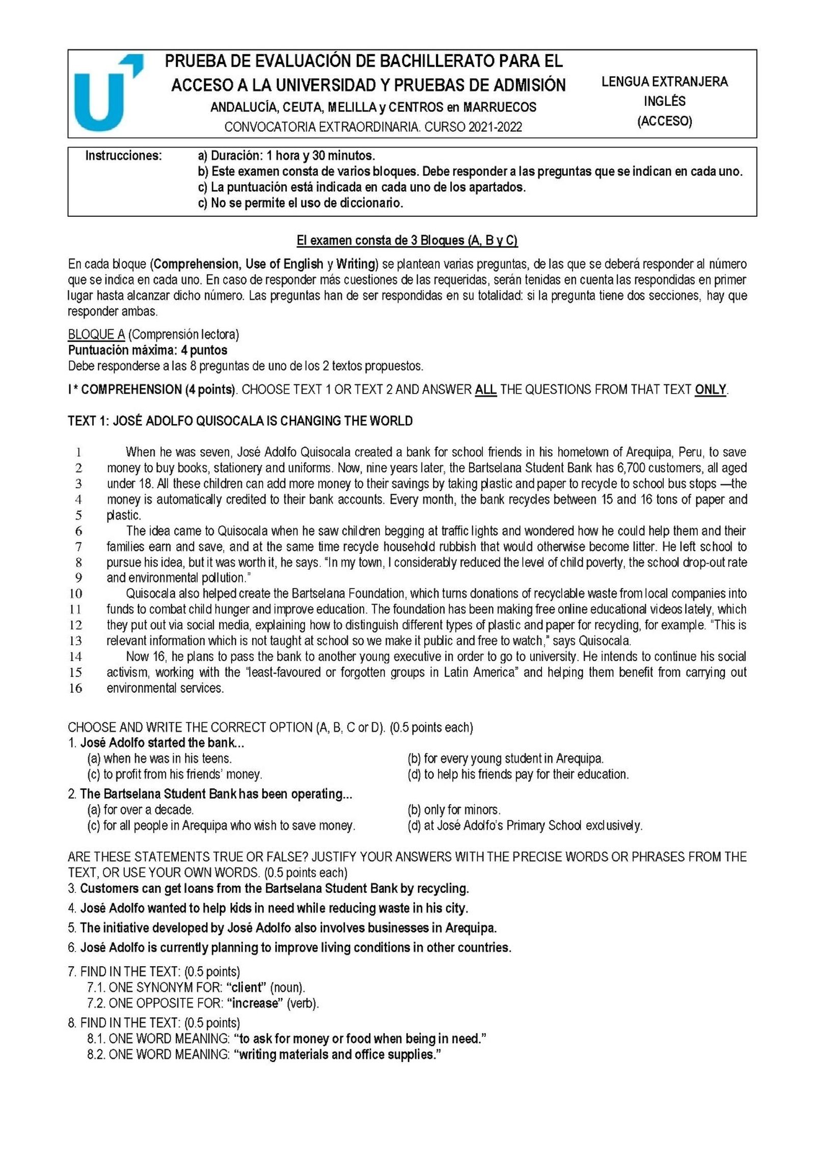 Primer bloque del examen de Inglés en la Selectividad de julio.