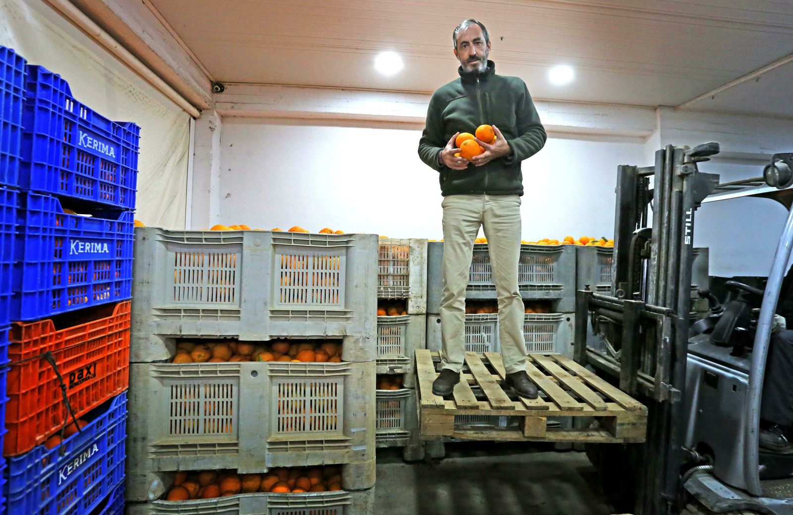 Jesús García posas con unas naranjas en las instalaciones de Gaditana de Frutas, su empresa mayorista en Mercajerez.