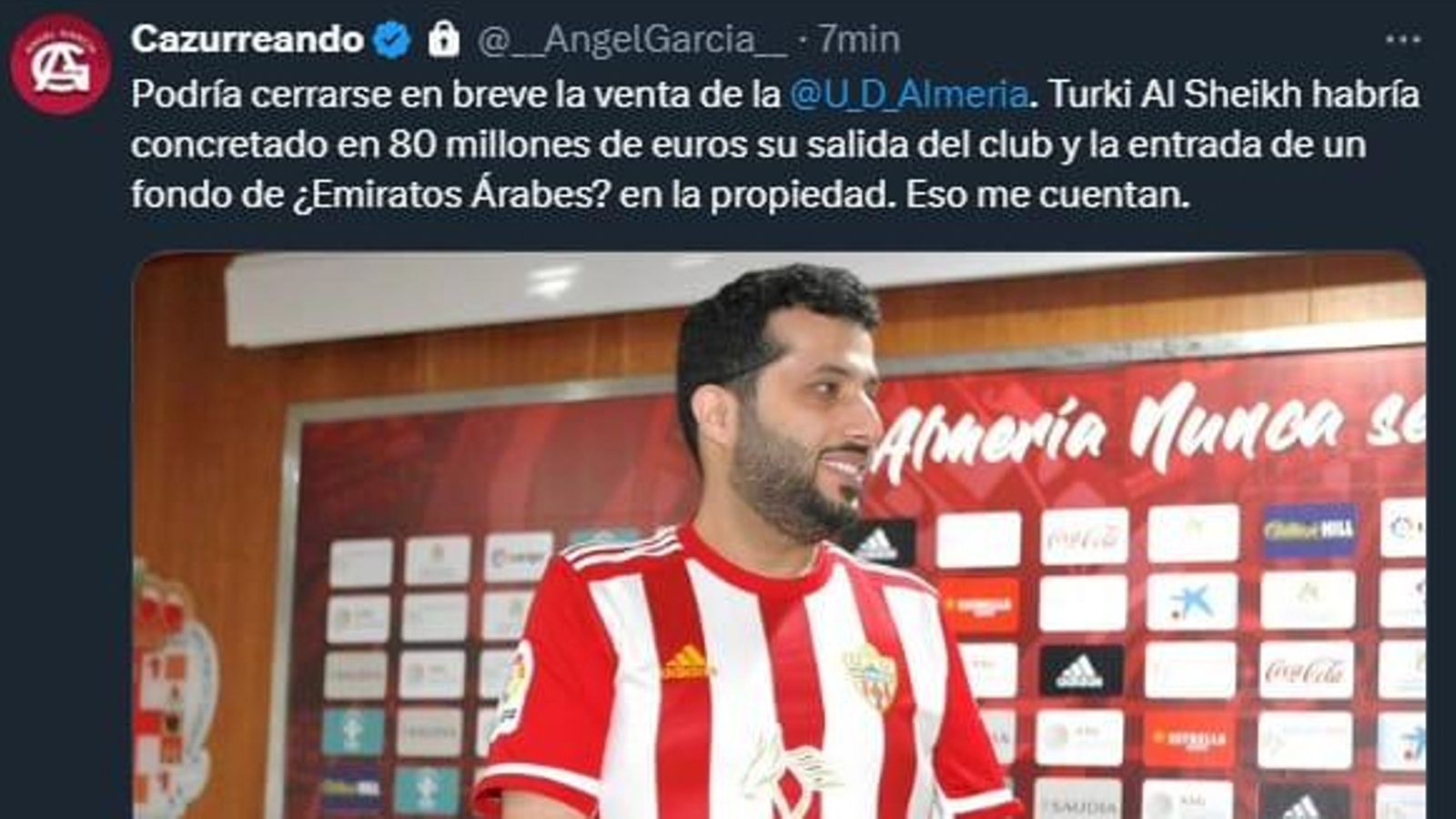 Captura del tuit subido por Ángel García acerca de la posible venta del club a inversores emiratíes
