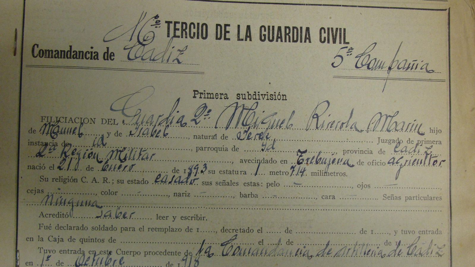 Hoja de servicios del guardia civil Riberola. Hoja de servicios del guardia civil Riberola.