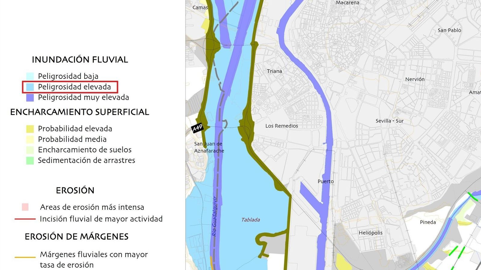 El peligro de inundación en Tablada es "elevado", según consta en la planificación urbanistica.