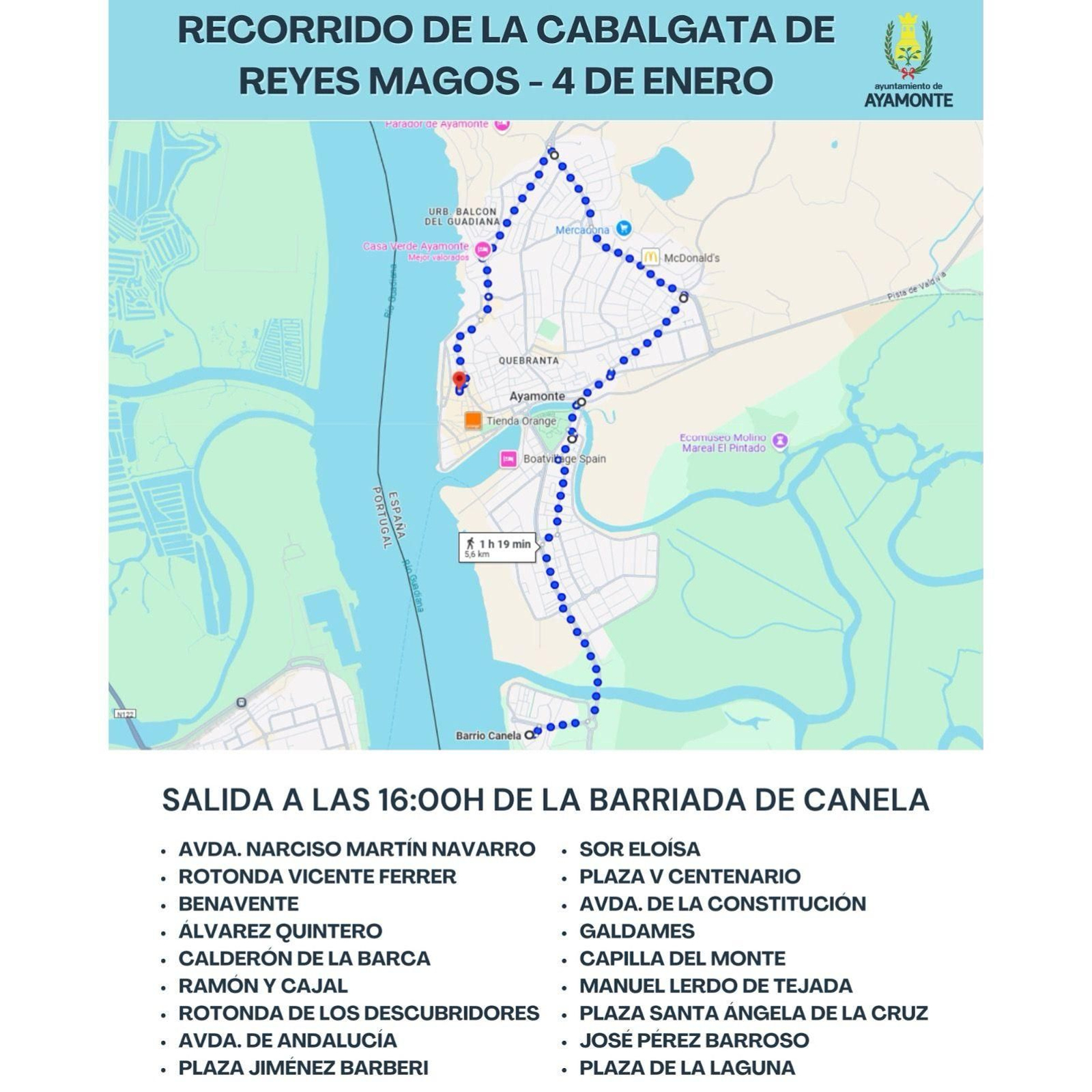 Recorrido de la cabalgata de Reyes Magos por Ayamonte.