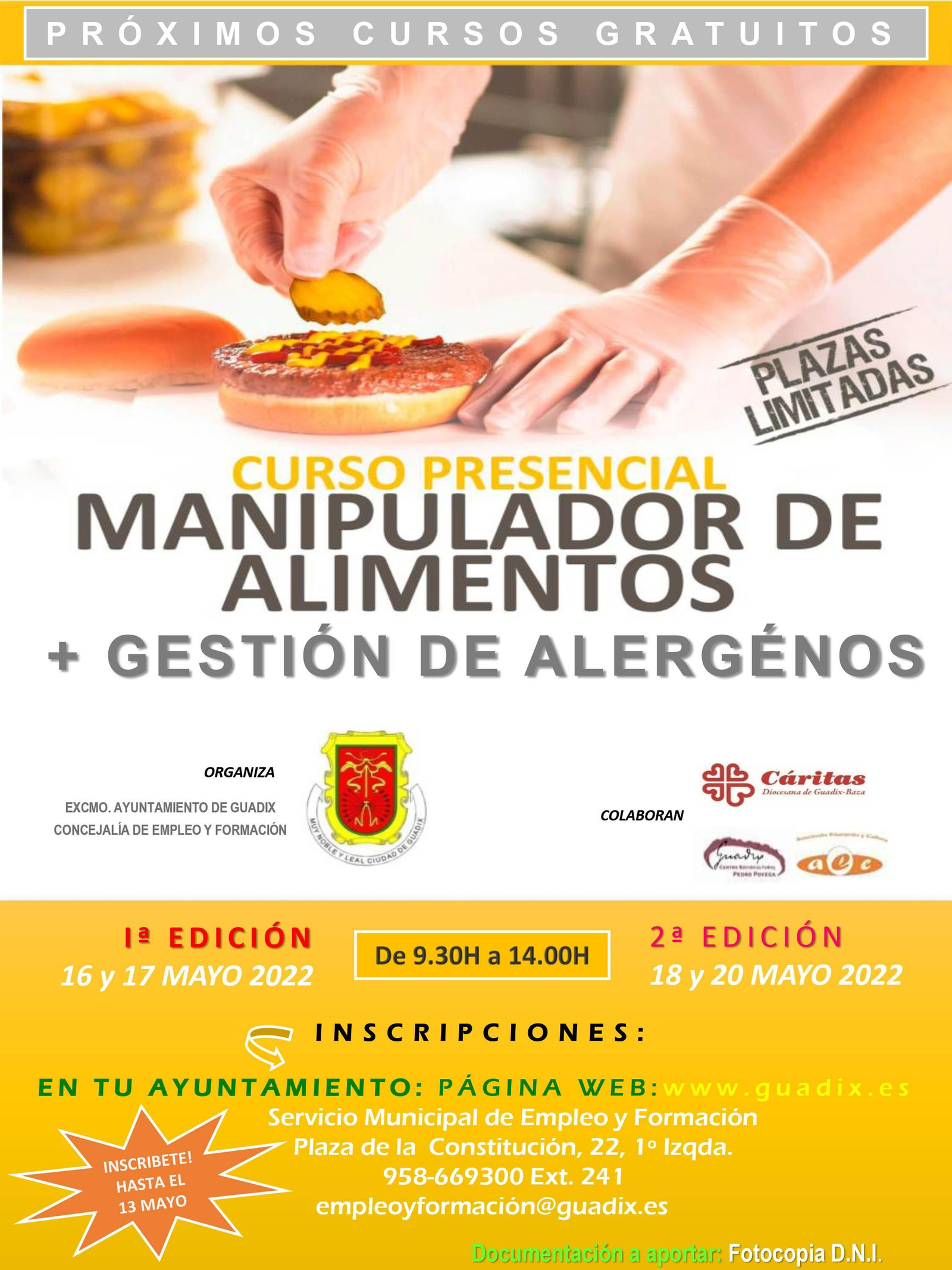 Guadix organiza dos cursos gratuitos de Manipulador de Alimentos para mejorar la empleabilidad