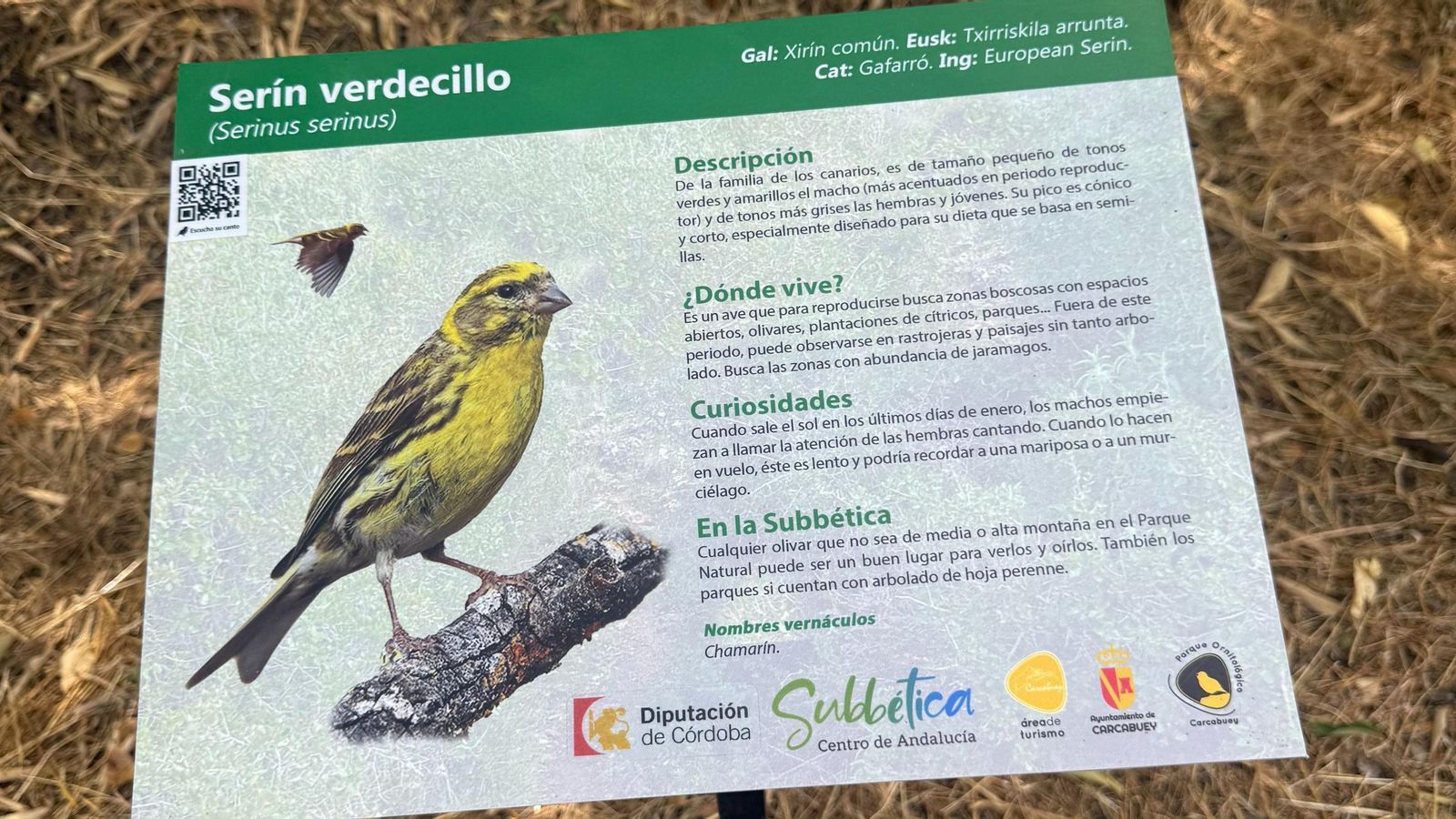 Cartel informativo en el nuevo Parque Ornitológico de la Subbética en Carcabuey
