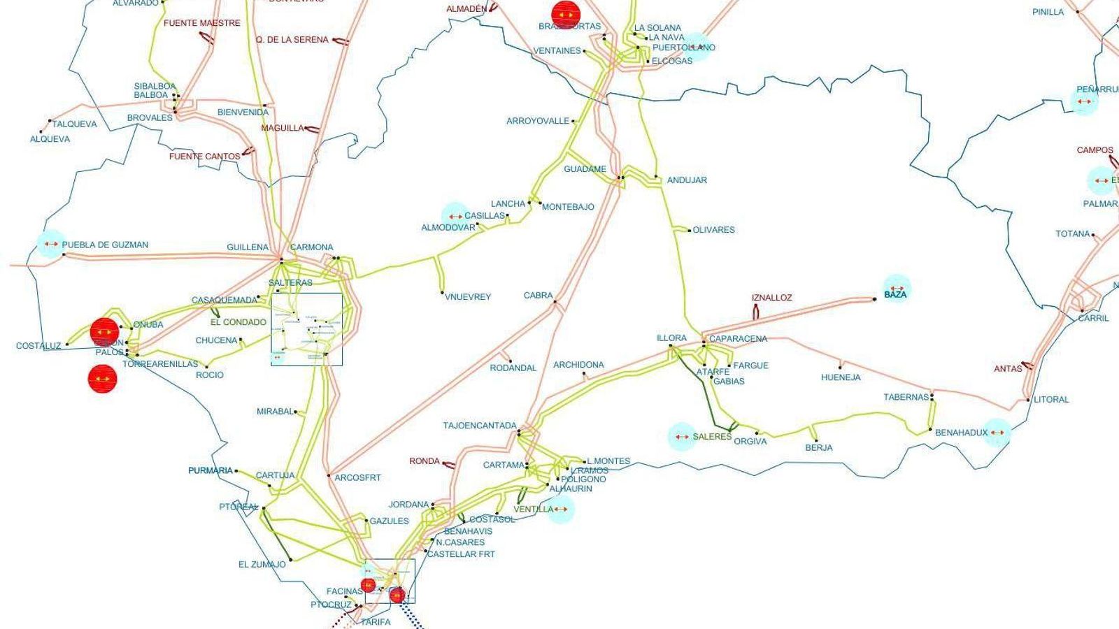 Mapa de infraestructuras eléctricas de Andalucía. Mapa de infraestructuras eléctricas de Andalucía.
