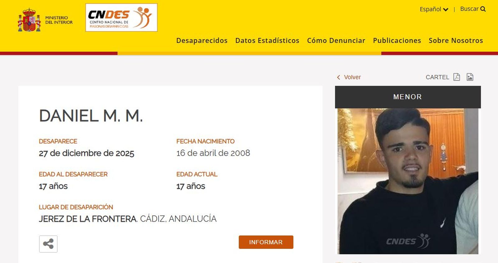 Ficha de la desaparición de Daniel en el Centro Nacional de Personas Desaparecidas de España.