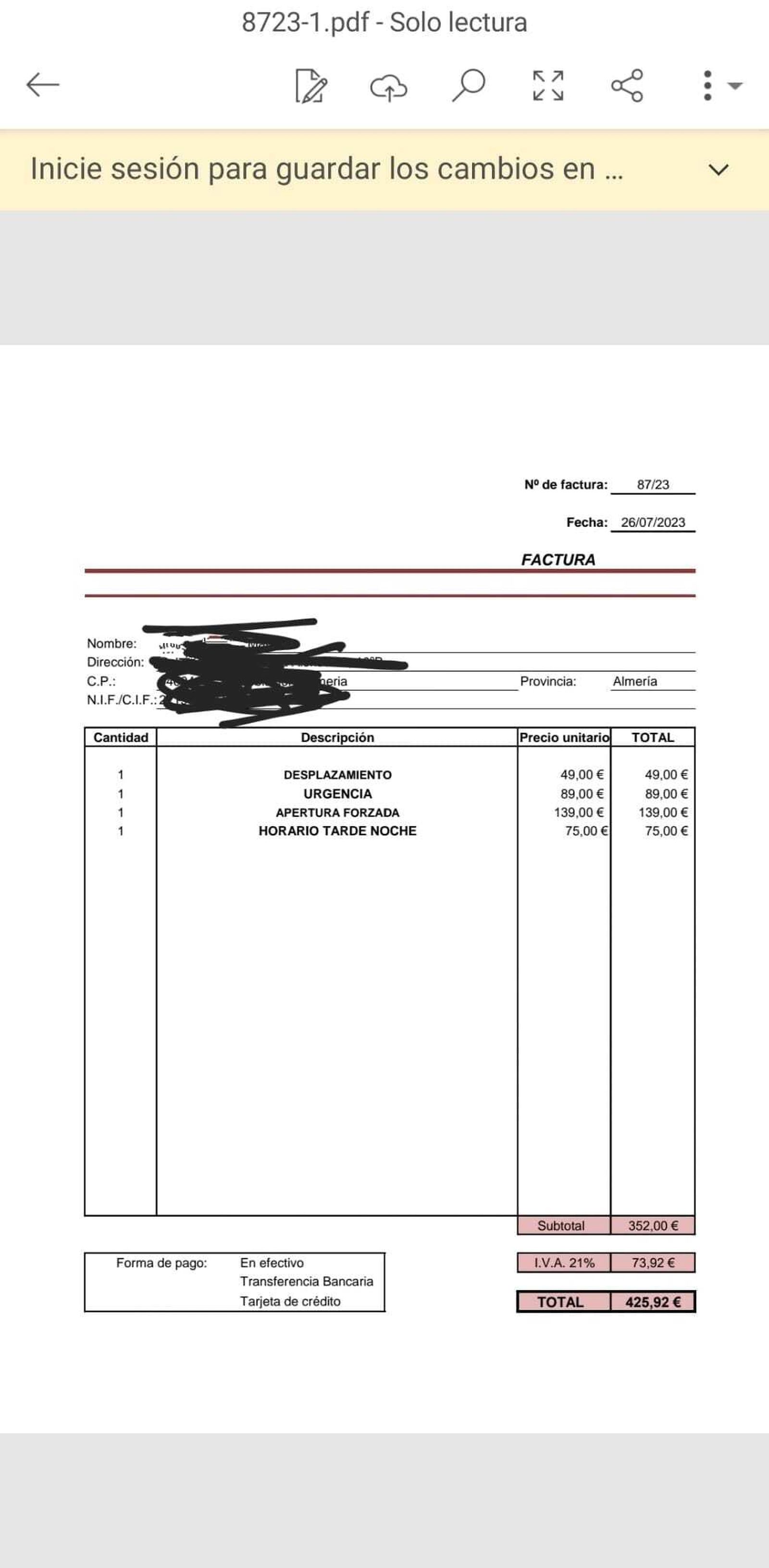 Factura abusiva en Almería.