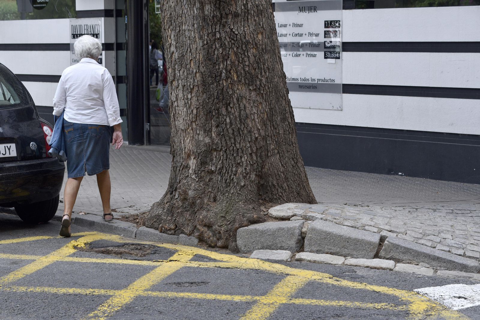 Una señora sube a la acera junto a un socavón y otros desperfectos provocados por las raíces.