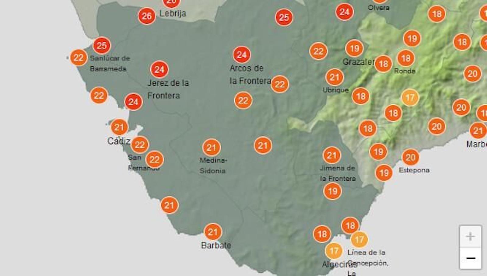 Temperaturas máximas previstas este martes en Cádiz.