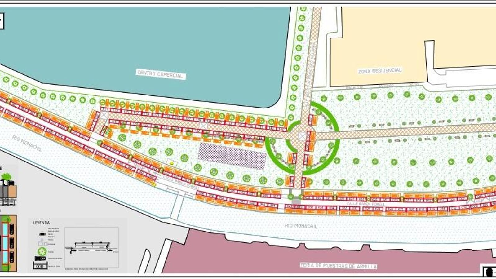 Plano con la distribución de los 152 puestos en la nueva ubicación del mercadillo en Baden Powell.
