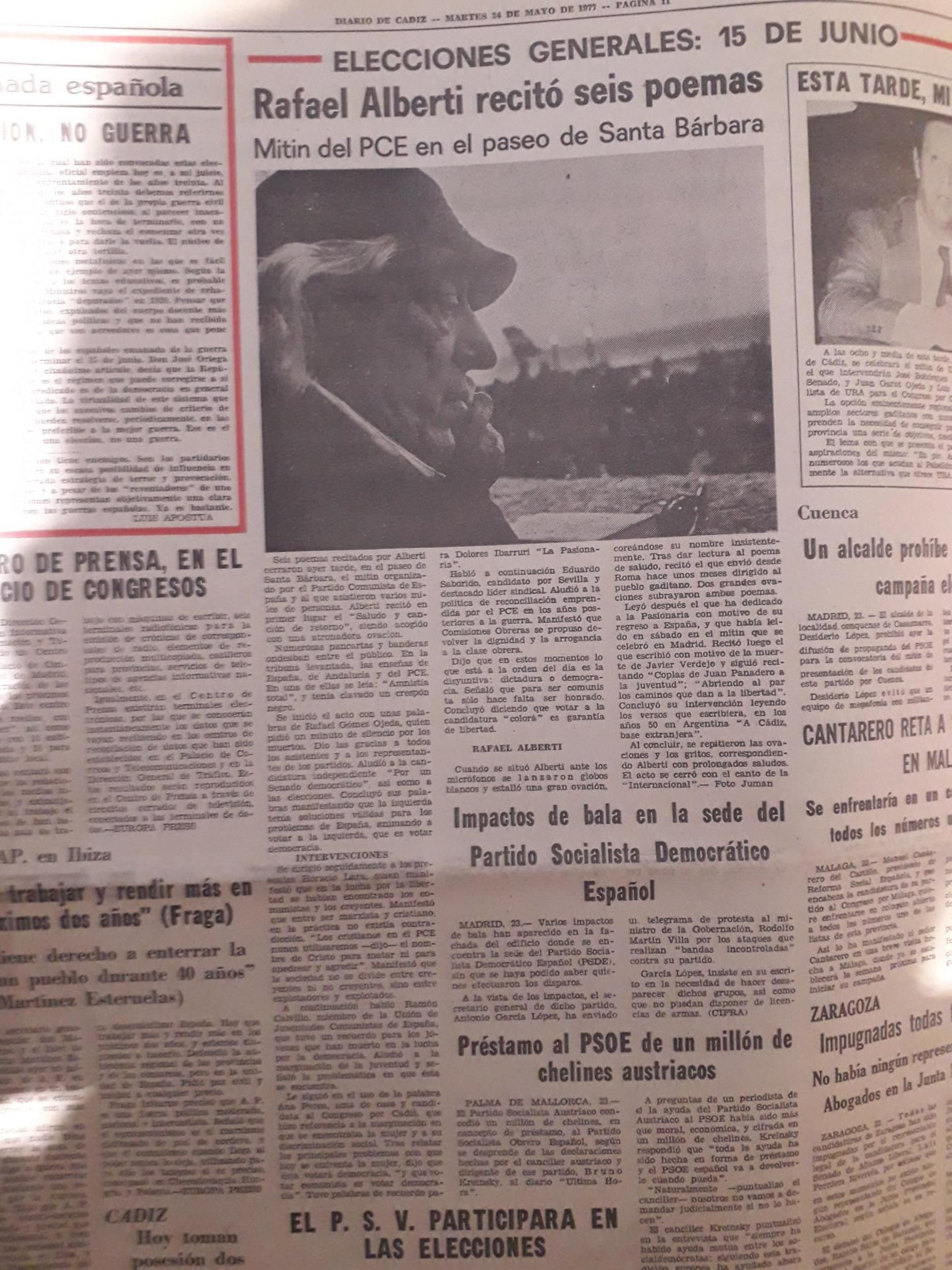 Reseña en Diario de Cádiz del primer mitin de Alberti como candidato al Congreso en Cádiz. Reseña en Diario de Cádiz del primer mitin de Alberti como candidato al Congreso en Cádiz.