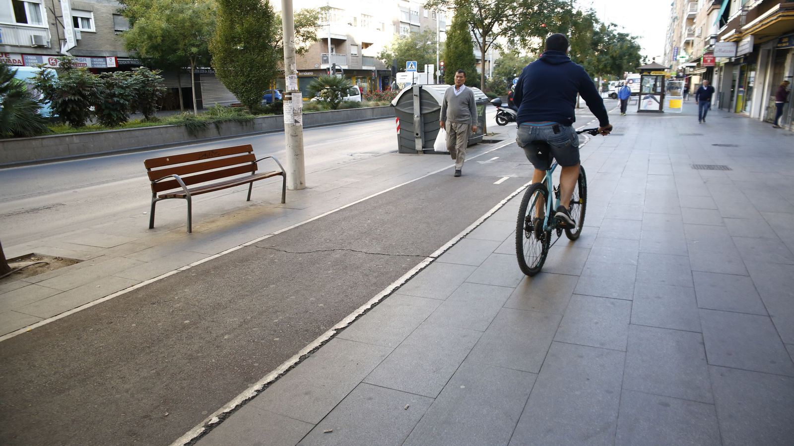Un ciclista ocupa la acera porque un peatón anda por el carril bici.