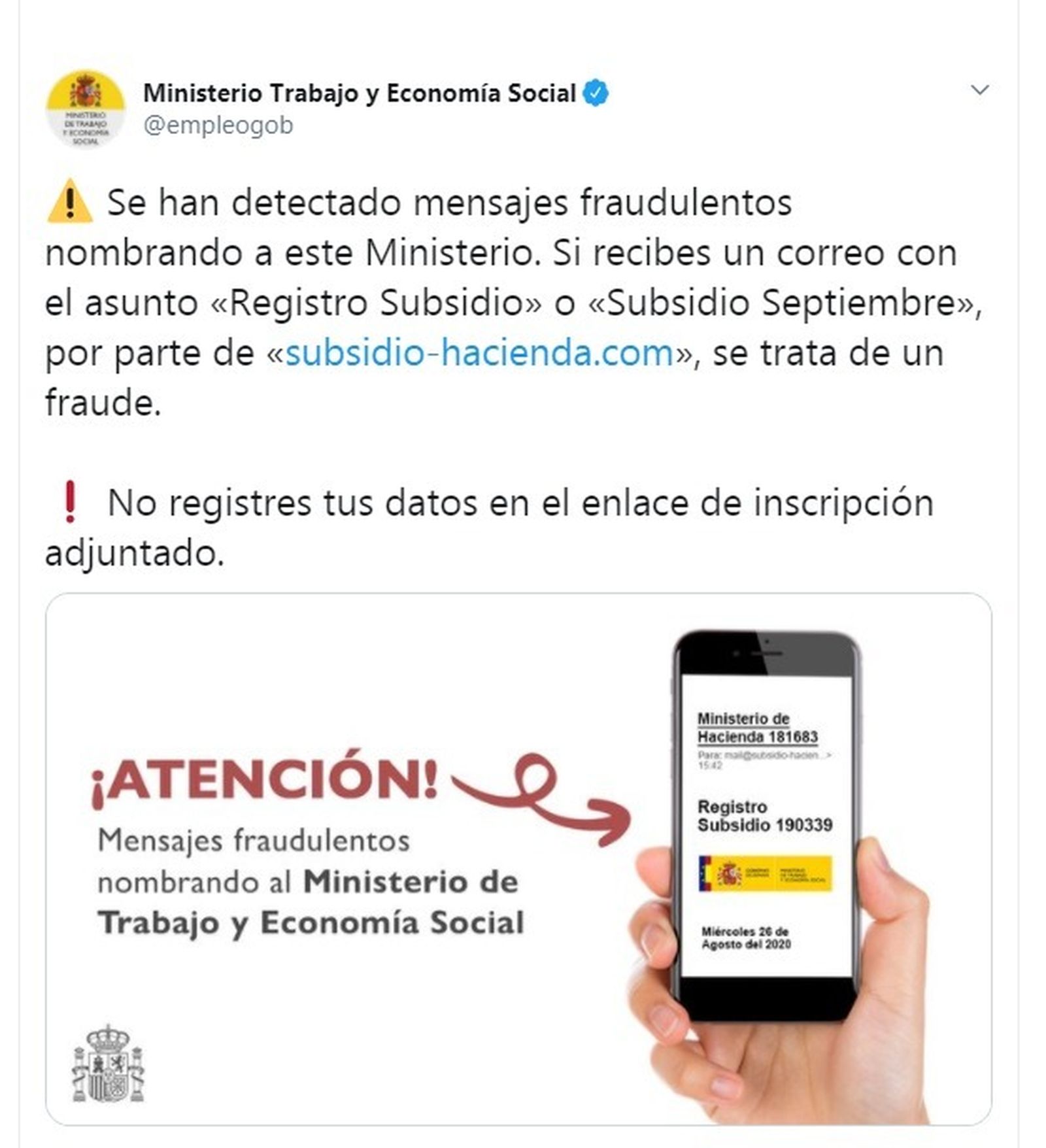 Mensaje del Ministerio alertando del fraude.