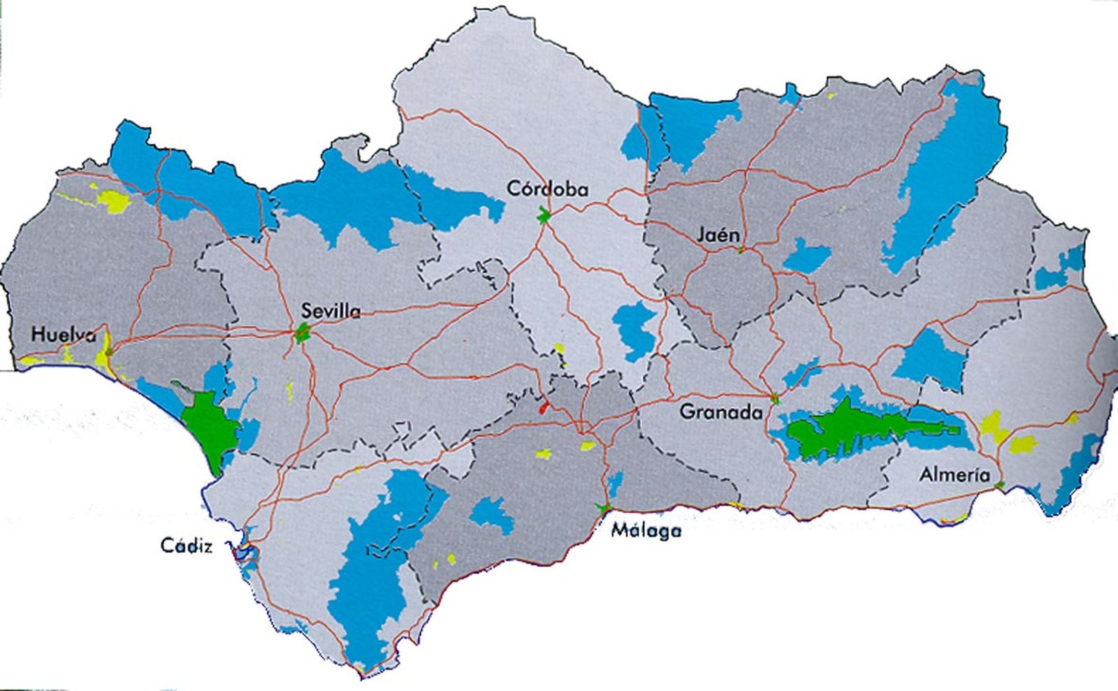 Mapa físico de Andalucía.