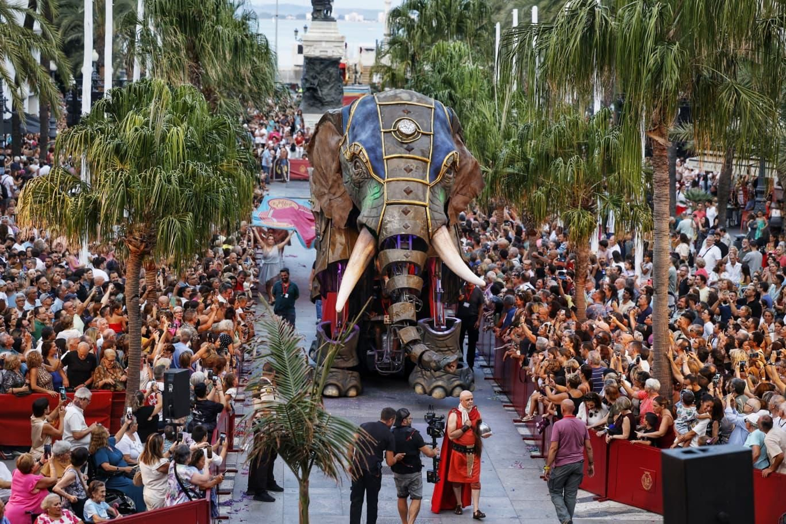 El elefante articulado protagonista del desfile a su llegada al espectáculo inaugural de Cádiz Romana en la plaza de San Juan de Dios.
