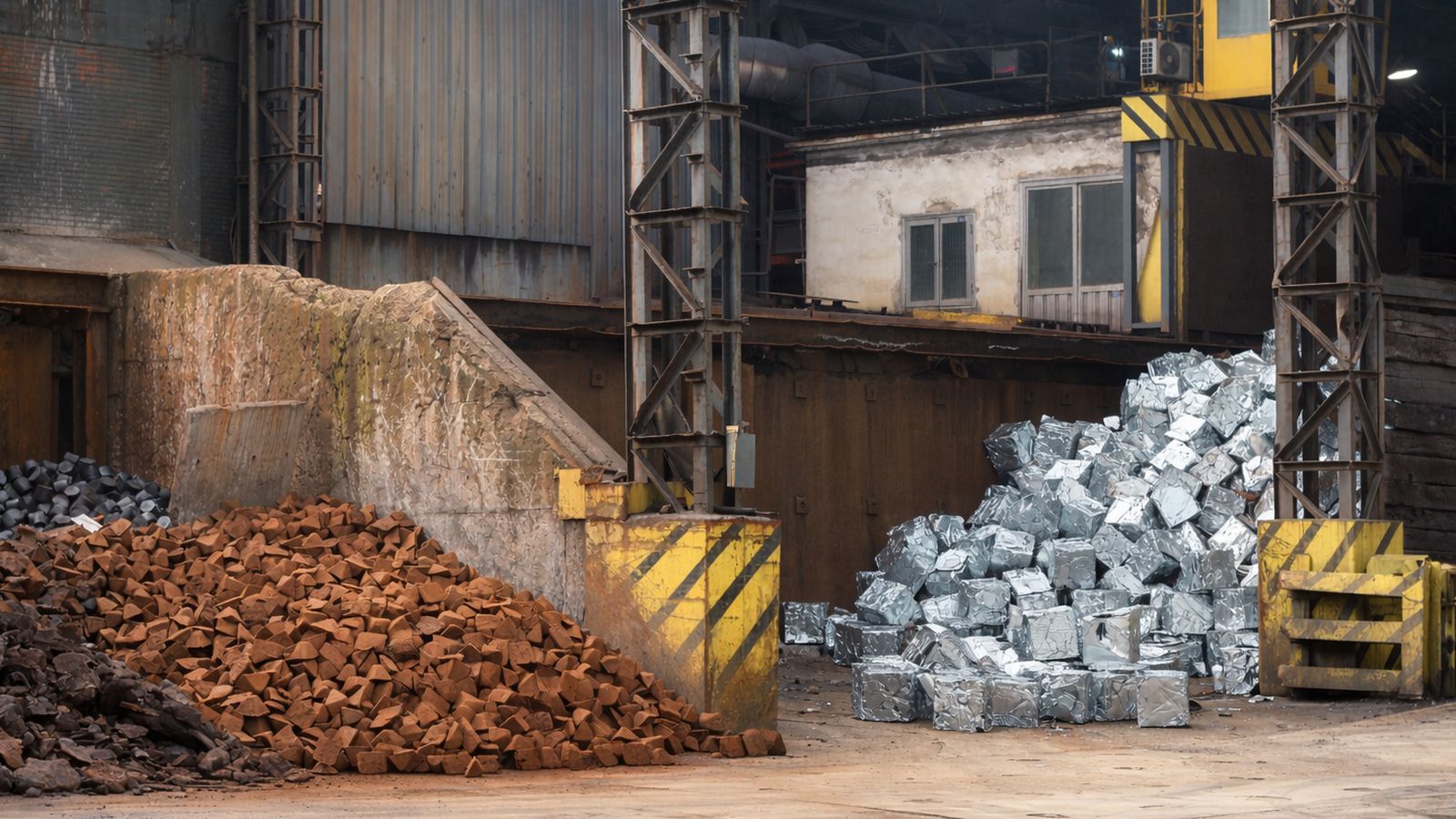 En el exterior de la planta se acumulan los materiales que se incorporarán al horno cubilote para conseguir el hierro fundido.