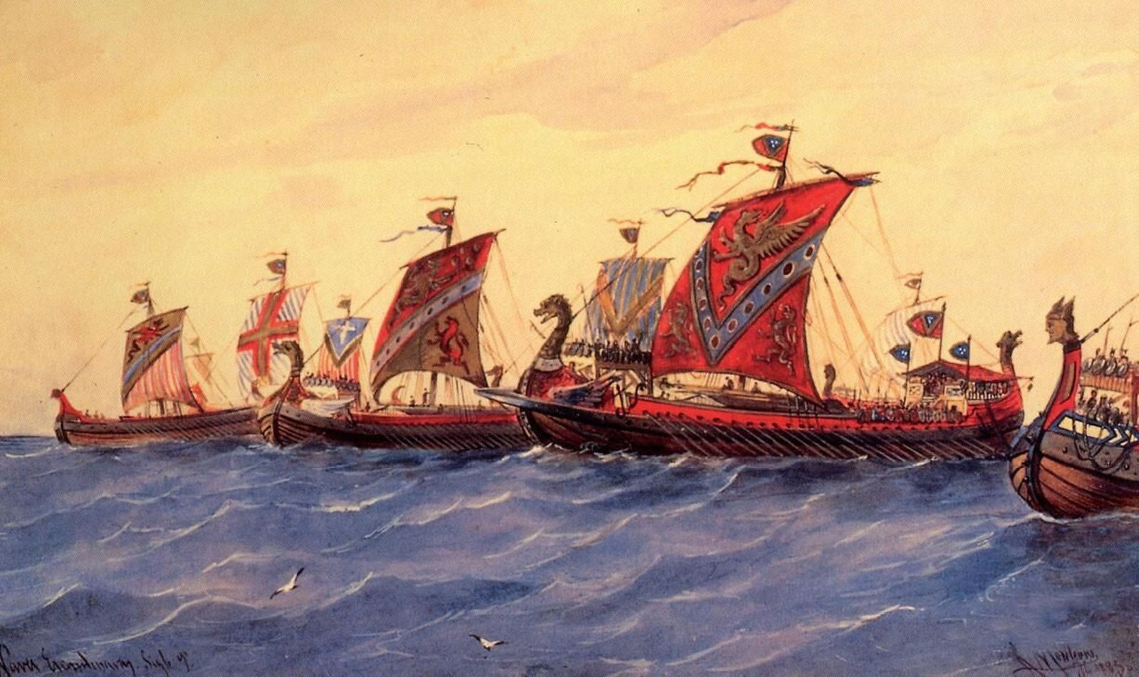 Naves vikingas. Acuarela de R. Monleón (Museo Naval de Madrid).