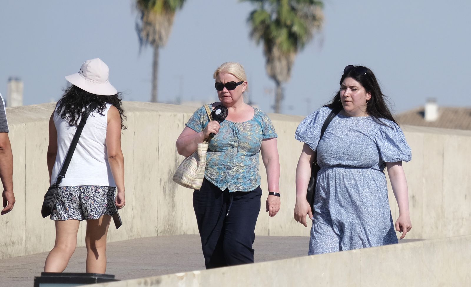 Varias mujeres pasean por el Puente Romano de Córdoba.
