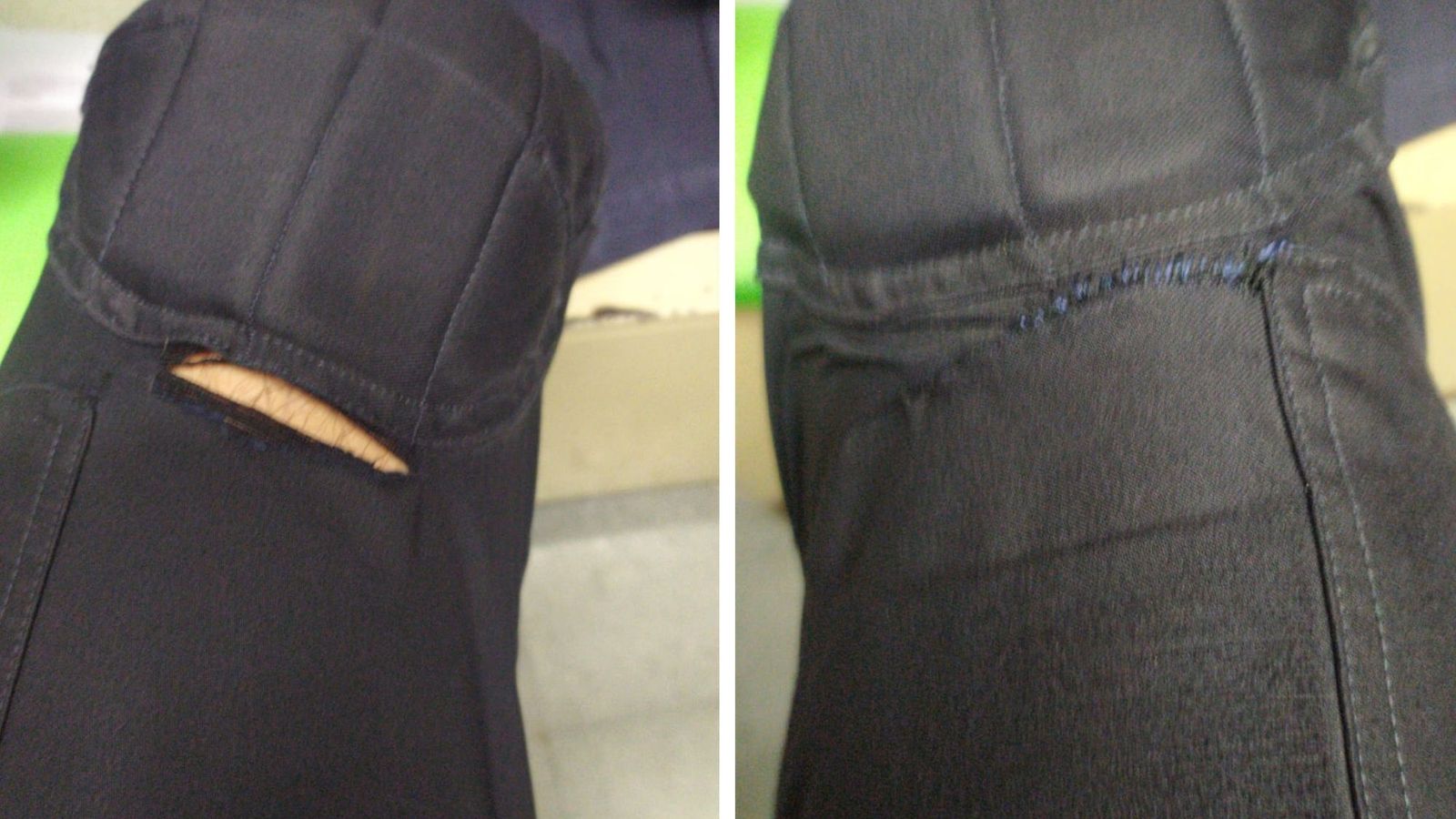 Roto y remiendo en el pantalón de un uniforme